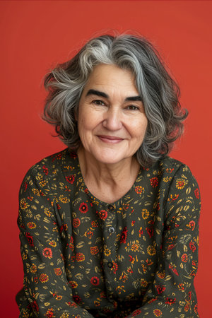an older woman with gray hair sitting in front of a red backgroundの素材