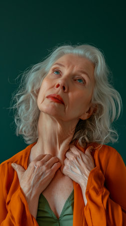 an older woman with her hands on her chestの素材