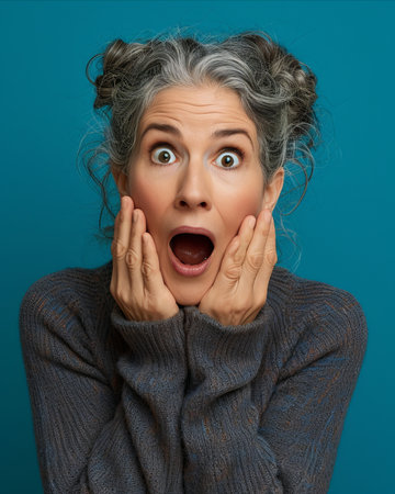 an older woman with her hands on her face and a shocked look on her faceの素材