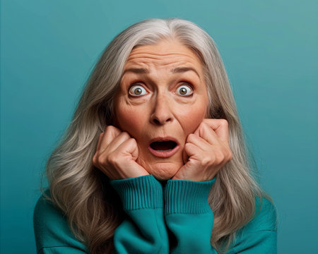 an older woman with her hands on her face and a surprised look on her faceの素材