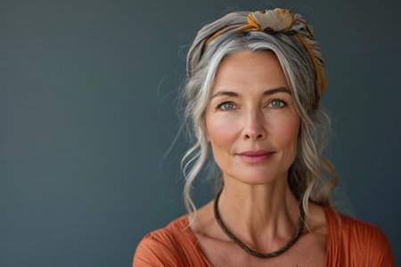 an older woman with gray hair wearing a headbandの素材
