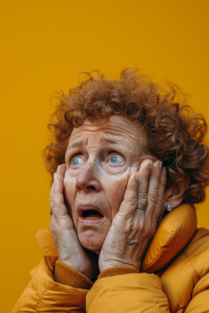 an older woman with her hands on her faceの素材