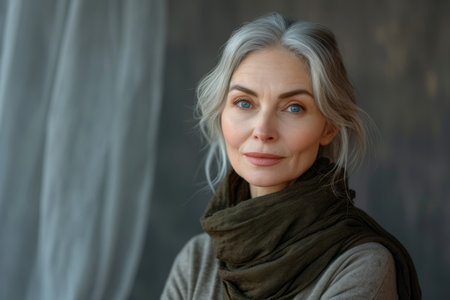 an older woman with gray hair wearing a scarfの素材