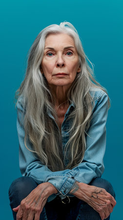 an older woman with long white hair sitting on a blue backgroundの素材