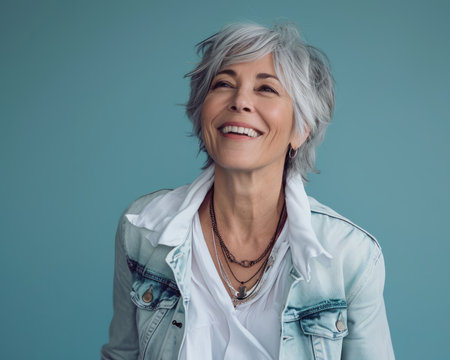 an older woman with white hair and a denim jacketの素材