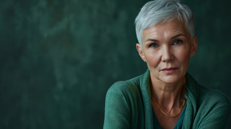 an older woman with white hair and a green sweaterの素材