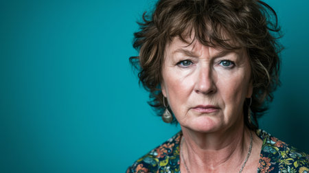 an older woman with short hair and a blue backgroundの素材