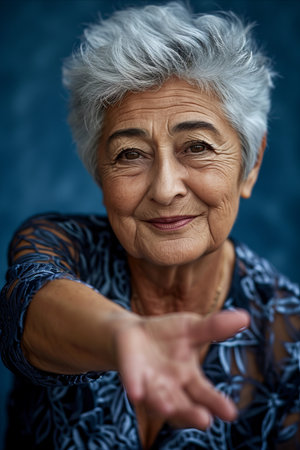an older woman with white hair and a blue dress is smiling at the cameraの素材