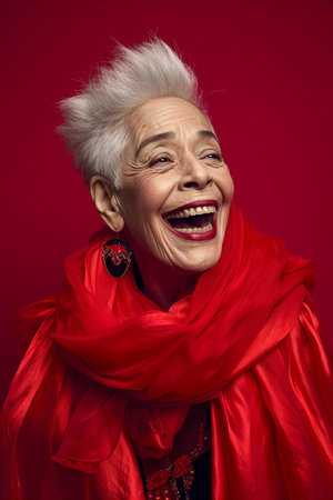 an older woman with white hair and a red scarfの素材