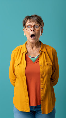an older woman with glasses and a yellow shirt looking surprised on a blue backgroundの素材