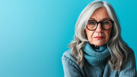 an older woman with glasses on a blue backgroundの素材