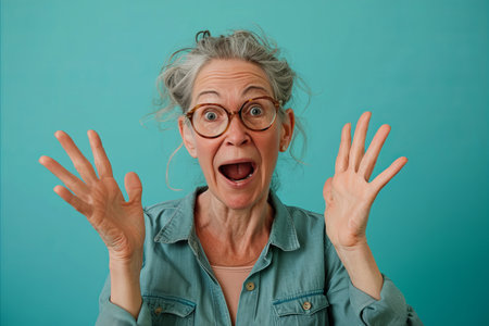 an older woman with glasses making a surprised faceの素材