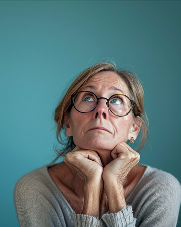 an older woman with glasses looking up at the sky