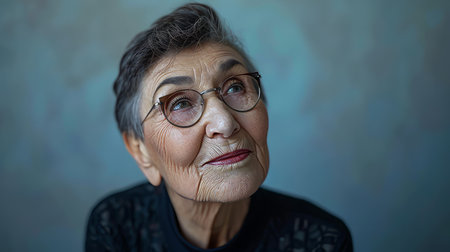an older woman with glasses looking to the sideの素材