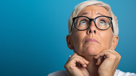 an older woman with glasses looking up at the skyの素材