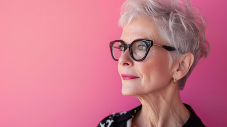 an older woman with glasses on a pink backgroundの素材
