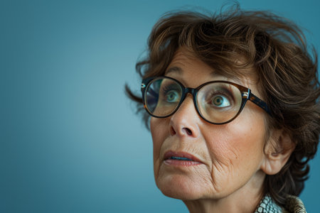 an older woman with glasses looking upの素材