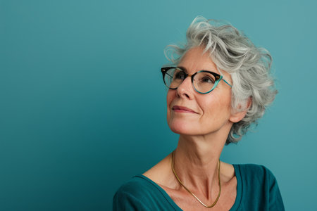 an older woman with glasses on a blue backgroundの素材