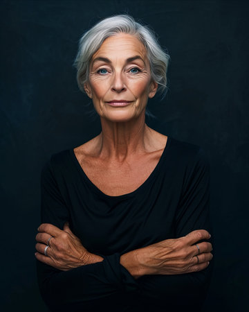portrait of mature woman with arms crossed on black backgroundの素材
