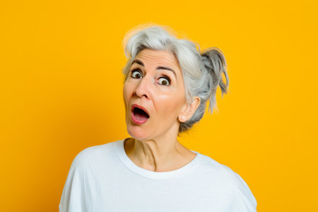 an older woman with her mouth open on a yellow backgroundの素材