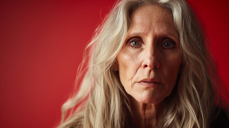 an older woman with long blonde hair looking at the cameraの素材
