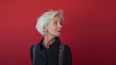 an older woman with white hair standing against a red backgroundの素材