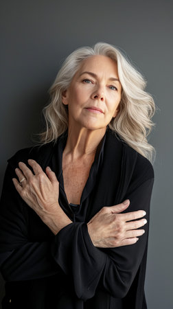 an older woman with white hair and a black jacketの素材