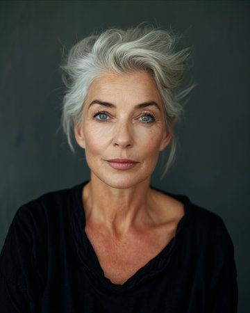 an older woman with gray hair and blue eyesの素材