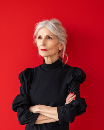 an older woman with white hair and a black top standing against a red wallの素材
