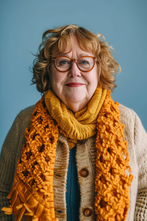 portrait of a senior woman wearing a knitted scarf and glasses on a blue backgroundの素材