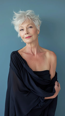 an older woman with white hair and a black dressの素材