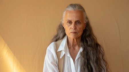 an older woman with long hair and a white shirtの素材