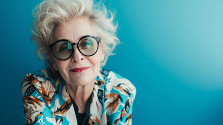 an older woman with glasses on a blue backgroundの素材