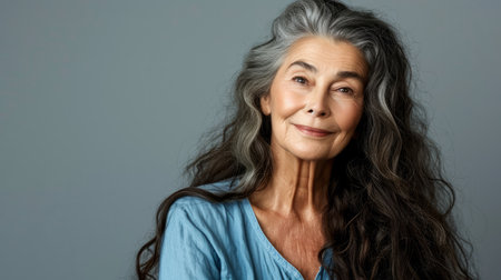 an older woman with long hair and a blue shirtの素材