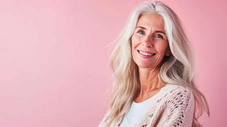 portrait of happy senior woman on pink background - image libre de droitの素材