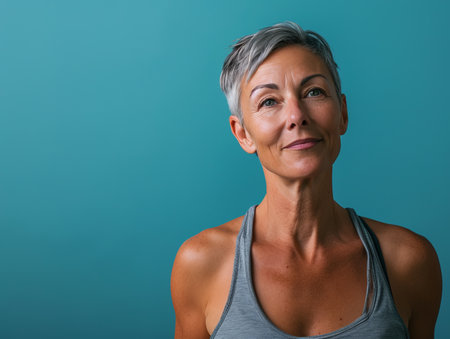 an older woman with gray hair and a gray tank topの素材