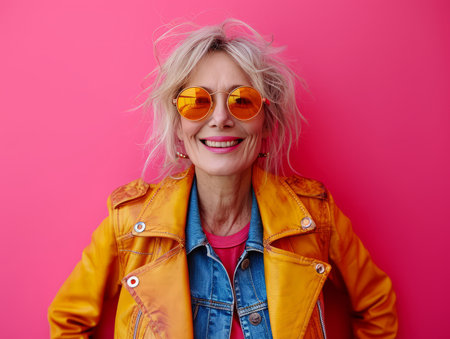 portrait of happy middle aged woman wearing orange jacket and sunglasses on pink background stock photoの素材