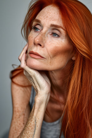an older woman with red hair and frecklesの素材