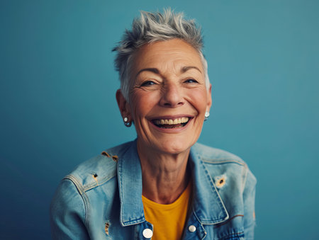 an older woman with short grey hair and a denim jacket is smilingの素材
