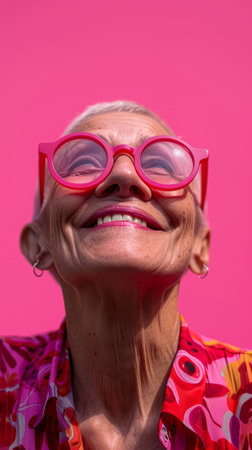 an older woman with pink glasses on her faceの素材