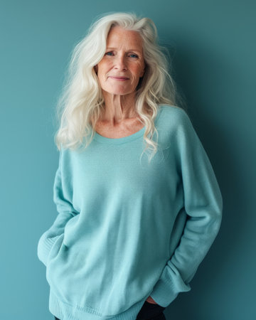 an older woman with long white hair wearing a turquoise sweaterの素材
