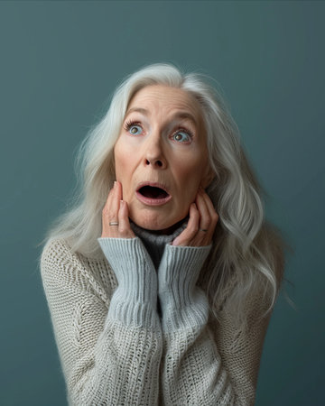 an older woman with her hands on her faceの素材
