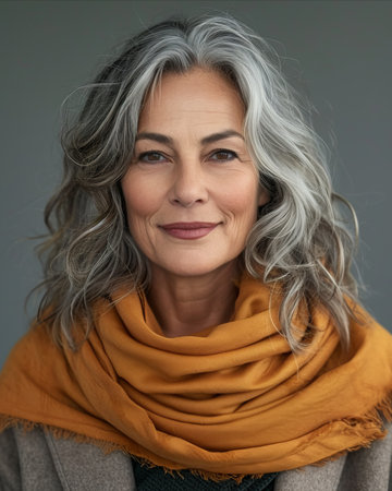 an older woman with gray hair wearing a scarfの素材