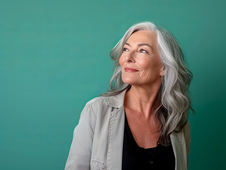 an older woman with gray hair looking upの素材