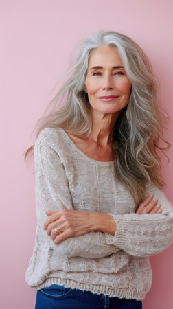 an older woman with gray hair posing against a pink backgroundの素材