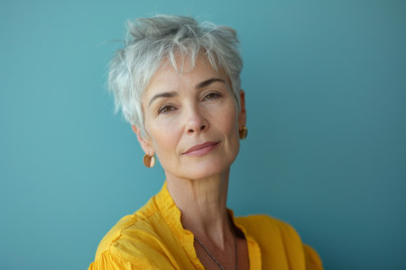 an older woman with gray hair and a yellow shirtの素材