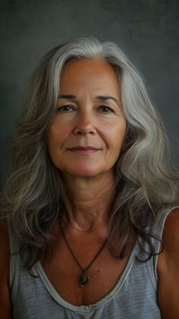 an older woman with gray hair and a necklaceの素材