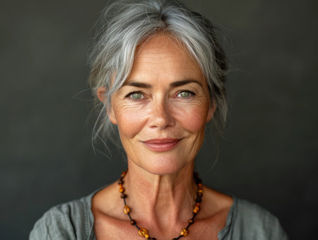 an older woman with gray hair and a necklaceの素材