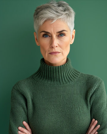 an older woman with gray hair and a green sweaterの素材
