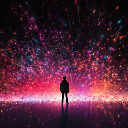 a man standing in front of colorful lightsの素材